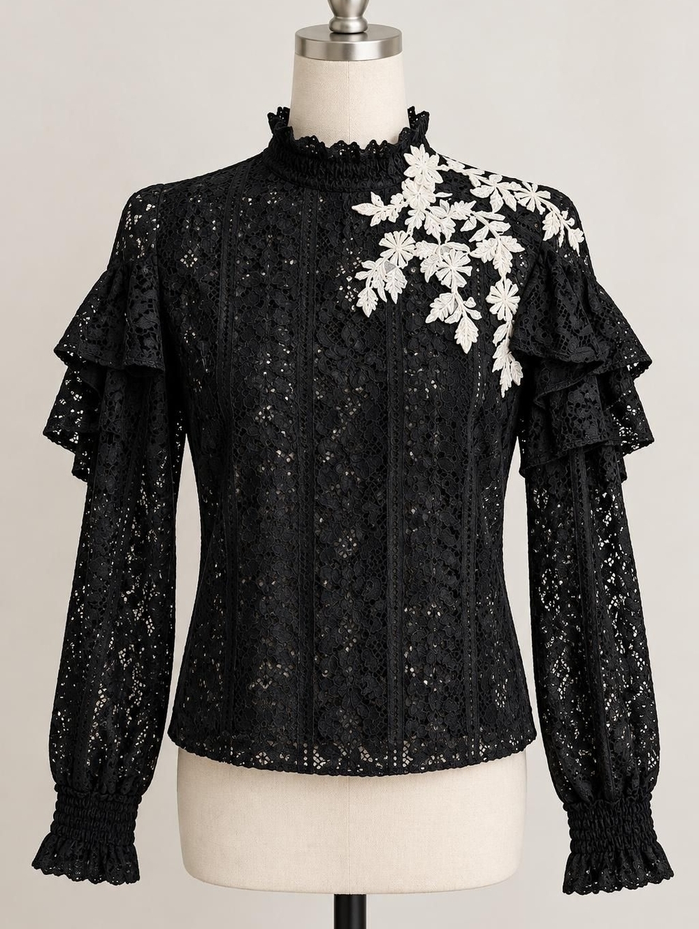 Elegant Black Lace Blouse with White Floral Appliqué